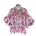Women's Rhinestone Embellished Peter Pan Collar Lantern Sleeve Printed Shirt Loose Fitting Cardigan Top Summer Short Sleeved Heavy Duty_ecoleips.com