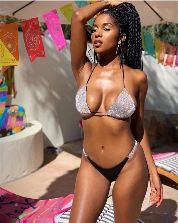 Women's Sexy Low-Waisted Two-Piece Swimsuit Solid Color Sequined Bikini With Laces European American Style Beach Swimwear_ecoleips.com
