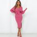 Elegant V-Neck Knit Dress – Stretchy Long-Sleeve Bodycon Midi Dress For Women, 4 Colors (Black/Red/Taupe/Gray), S/M & L/XL_ecoleips.com