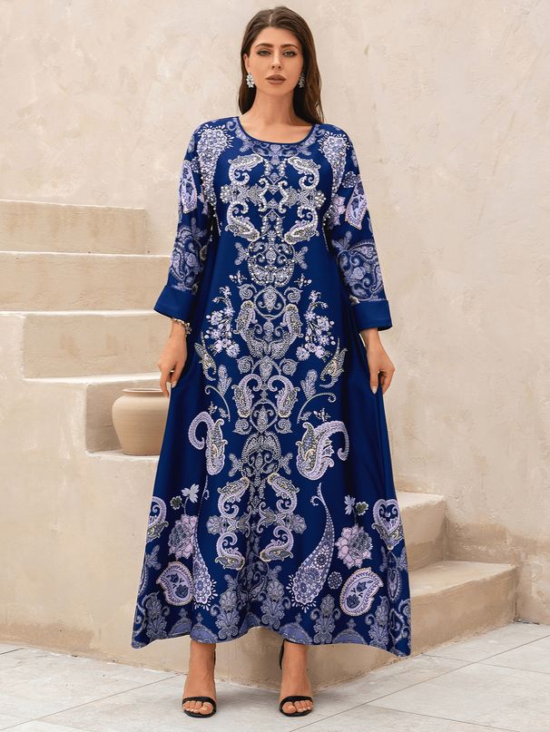 Women's Abaya Muslim Robe Printed Hot Diamond Beads Party Evening Dress_ecoleips.com