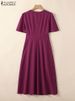 ZANZEA Short Sleeve Korean Fashion Party Dress Elegant Solid Waist-Cinched Pleated A-line Robes Women O Neck Knee-length Dress_ecoleips.com
