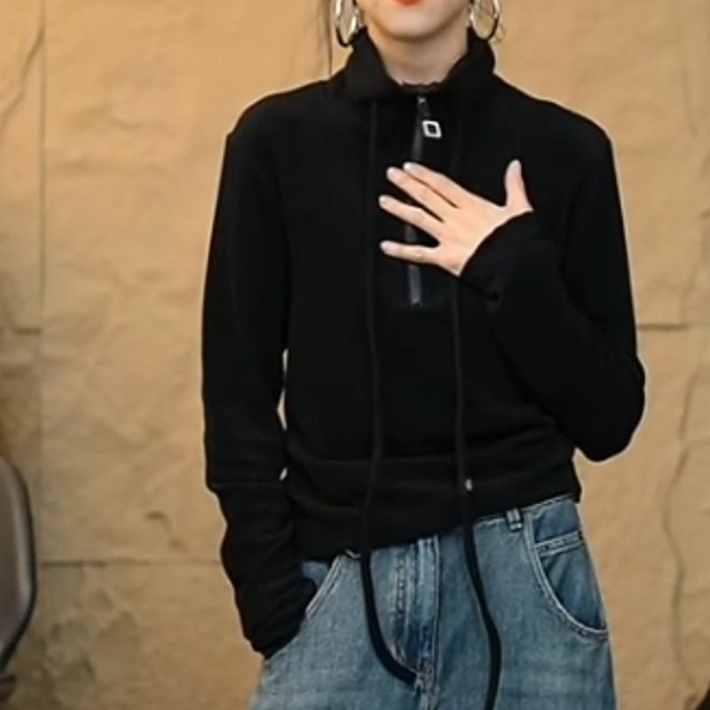 American-Style European-Made Women's Top With Zipper, Half-High Collar, Long Sleeves; Perfect For Autumn/Winter Warm,_ecoleips.com