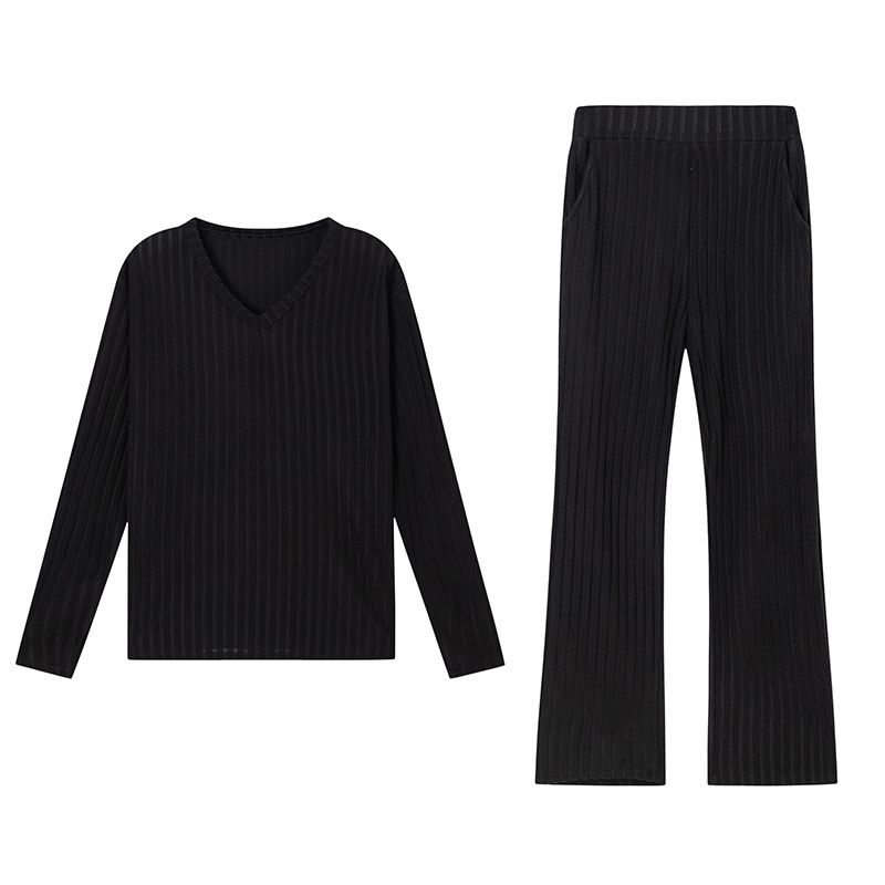 Spring And Autumn Two Piece Set Women's Fashion Casual Straight Pants Loose Temperament V-Neck Sunken Stripe Knitted Sui_ecoleips.com
