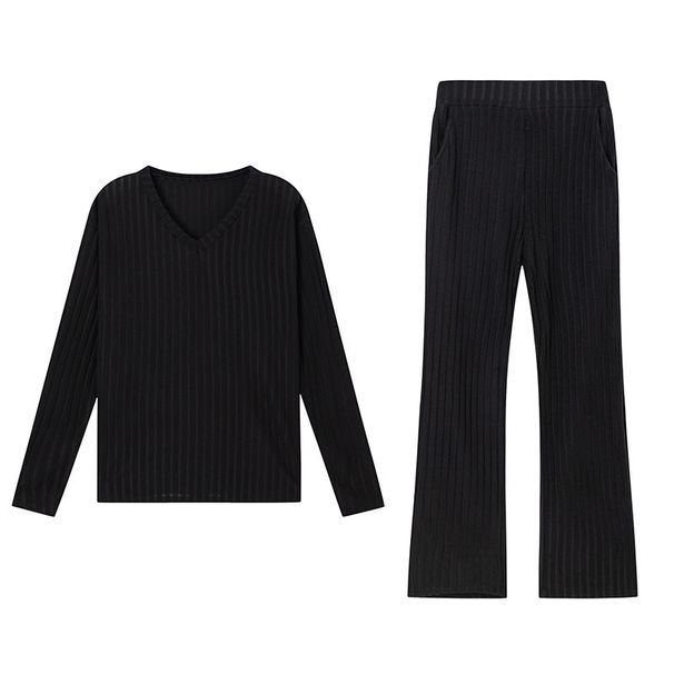 Spring And Autumn Two Piece Set Women's Fashion Casual Straight Pants Loose Temperament V-Neck Sunken Stripe Knitted Sui_ecoleips.com