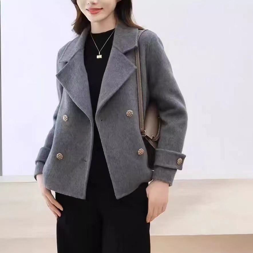 Women's Double-Faced Wool Coat - Premium Short Suit Collar Cashmere Overcoat In Greyish/Black/Oat (S/M)_ecoleips.com