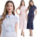Elegant French Lace Tailored Dress – High Waist Peplum Hem With Floral Embroidery (Short Sleeve, Shirt Collar, Sizes S-3XL, Pink/Sky Blue/Navy)_ecoleips.com