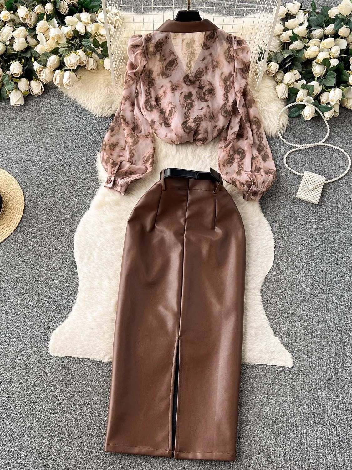 Women's Clothing collar floral chiffon shirt high waist tight PU leather skirt female high end outfit two piece suit_ecoleips.com