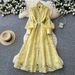Luxury Embroidered Mesh Dress – Long Sleeve, Waist-Defining A-Line Silhouette For Women (Elegant Hollow-Out Design, White/Blue/Yellow, S-XXL)_ecoleips.com