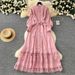 Women's Clothing Vintage French-Style Lace Trim Dress – Corset Tie Waist, Lantern Sleeves, Elegant Midi Dress (Brown/Black/White, One Size Fits Most)_ecoleips.com