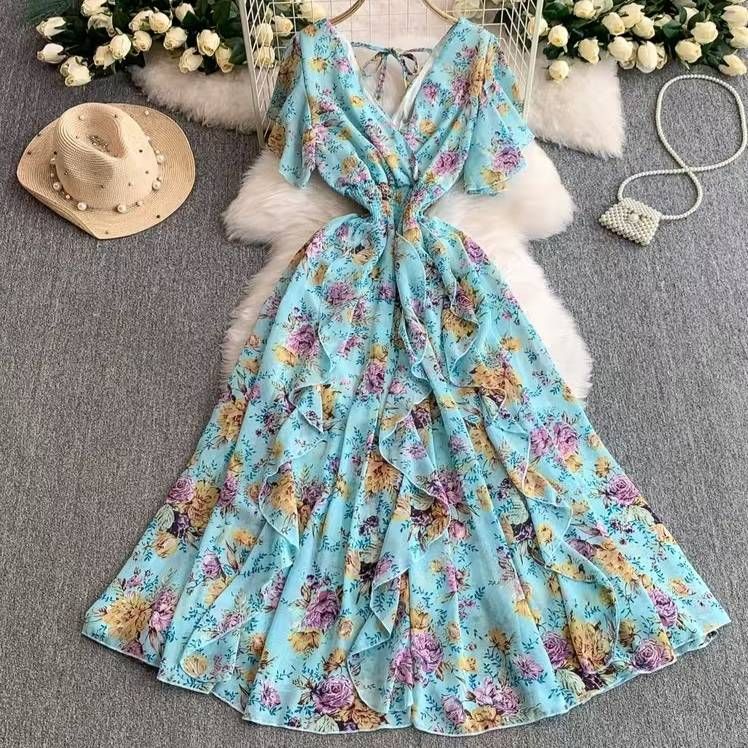 Floral Chiffon Dress V Neck Summer Style Waist Slimming French Retro Long Skirt Big Swing Fairy Temperament_ecoleips.com