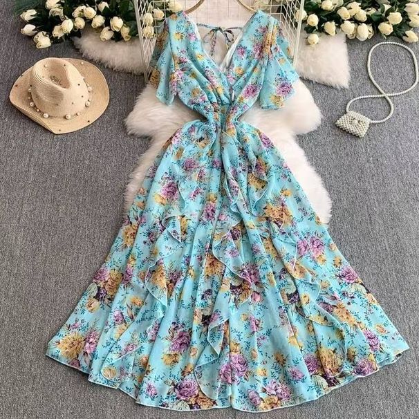 Floral Chiffon Dress V Neck Summer Style Waist Slimming French Retro Long Skirt Big Swing Fairy Temperament_ecoleips.com