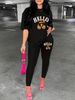 Women's Casual, Loose, Fashionable, Cute HELLO Bear Pattern Print Loose T-shirt+cropped Pants Two-piece Home Sportswear Daily Outfit-253_ecoleips.com