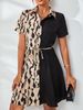 Women's Fashionable Patchwork Print Dress Clothing Tie Up Design Shirt Dress_ecoleips.com