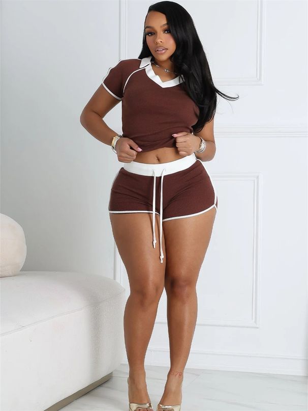 Women's Clothing Sports Short Sleeved Top Drawstring Shorts Suit_ecoleips.com