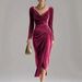 Velvet Wrap Dress With Thigh Slit – Women’s Slim-Fit Long Sleeve Bodycon Dress With Ruffle Details (Black/Red/Burgundy, S-XXL)_ecoleips.com