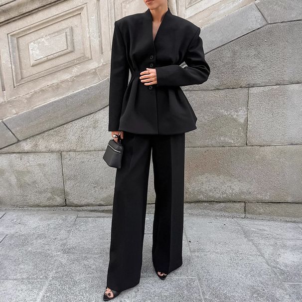 Women's Black V-Neck Pleated Blazer & Pants Set – Tailored Waist-Cinching Suit For Fall_ecoleips.com