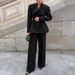 Women's Black V-Neck Pleated Blazer & Pants Set – Tailored Waist-Cinching Suit For Fall_ecoleips.com