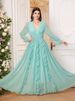 Women's Elegant Chiffon Maxi Dress With Lantern Sleeves – V-Neck A-Line High Waist Wedding Guest Dress For Party, Evening, Office (Green)_ecoleips.com