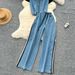 Revival Denim & Knit Set – Cropped Mock Neck + High-Waisted Wide-Leg Jeans (S/M/L, Grey/White/Black)_ecoleips.com