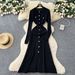 Elegant French-Chic Knit Dress With Metallic Buttons – Slimming A-Line Long Sleeve Dress For Autumn, Breathable & Stylish (One Size Fits S-M)_ecoleips.com
