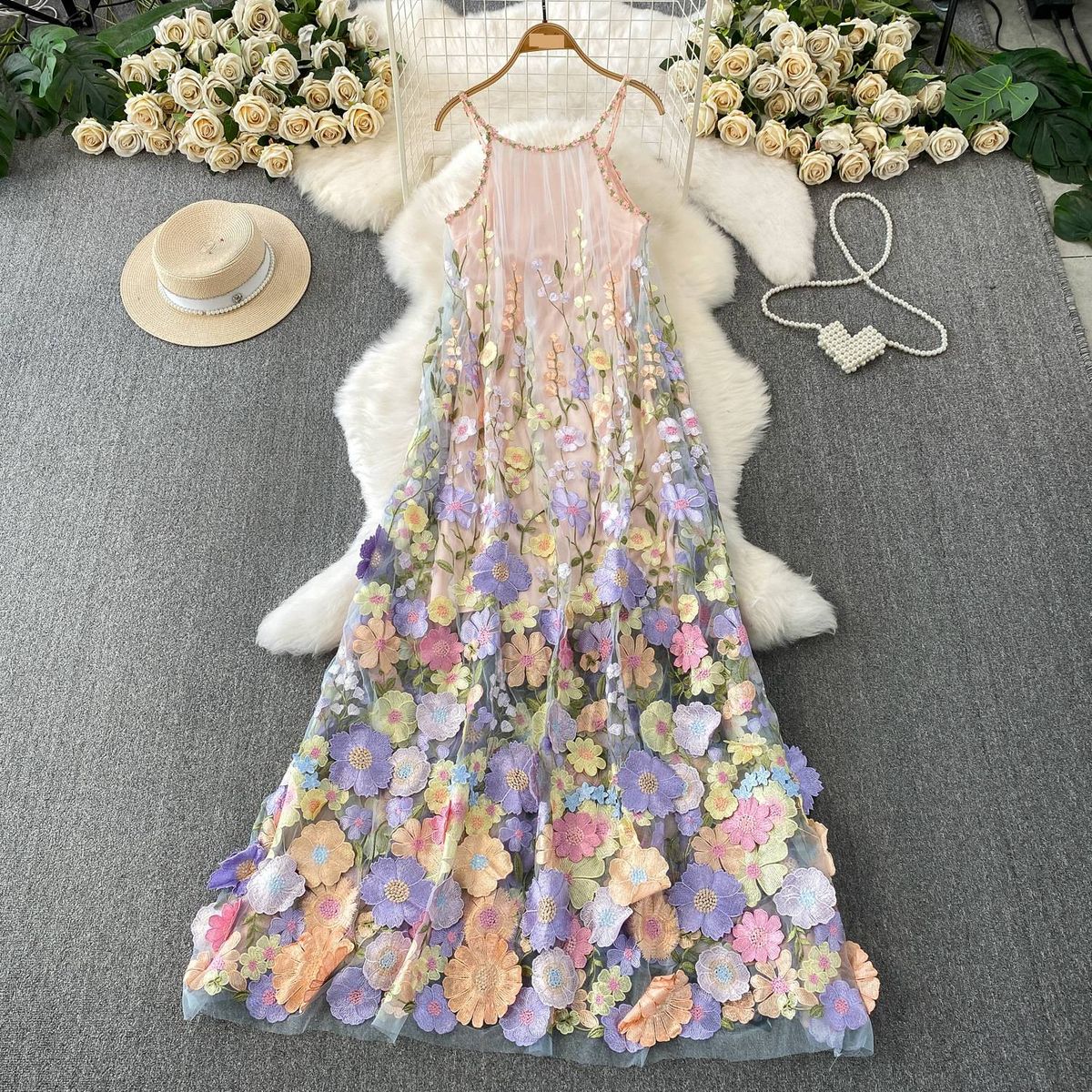 Women's Elegant French Style Long Dress Mesh Floral Slip Unique High-End Autumn Winter Beautiful Stylish Clothing_ecoleips.com