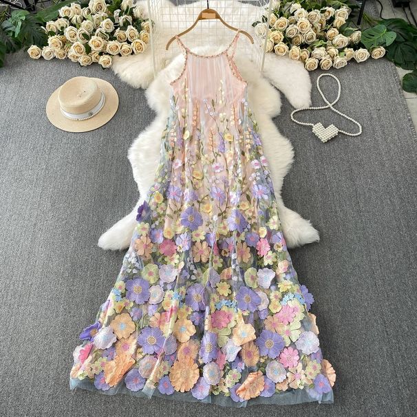 Women's Elegant French Style Long Dress Mesh Floral Slip Unique High-End Autumn Winter Beautiful Stylish Clothing_ecoleips.com