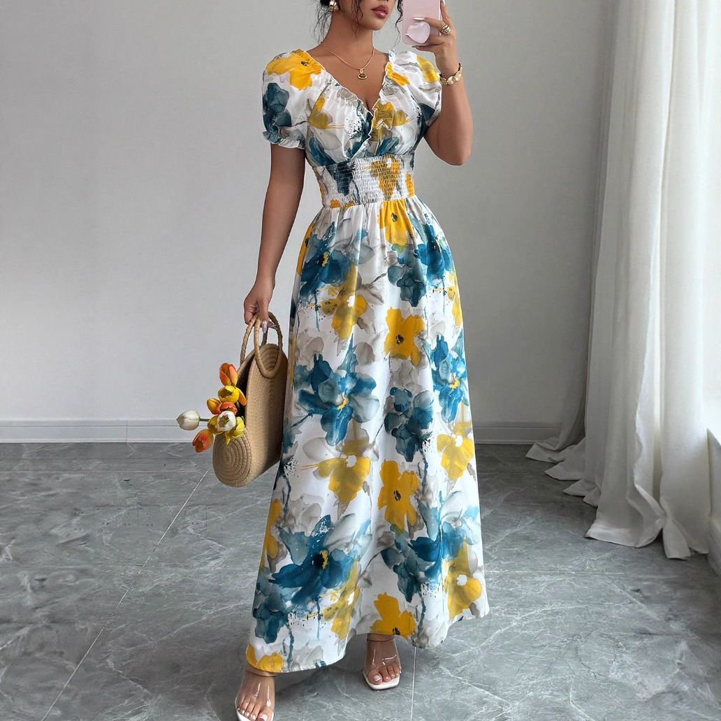 Women's Floral Print Casual Long Dress European American Style Summer Puff Sleeve V Neck Flutter Sleeve_ecoleips.com