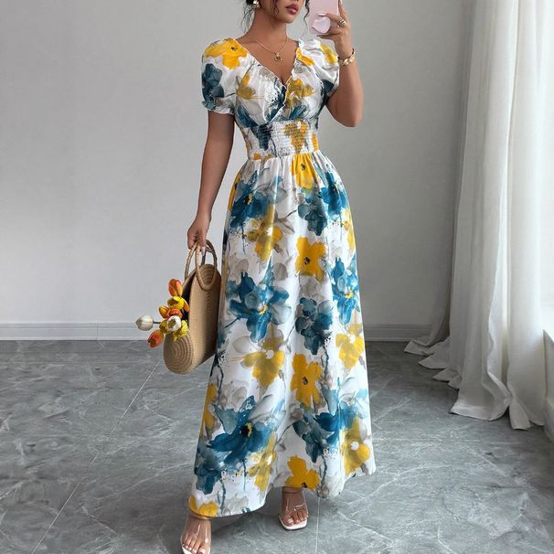 Women's Floral Print Casual Long Dress European American Style Summer Puff Sleeve V Neck Flutter Sleeve_ecoleips.com