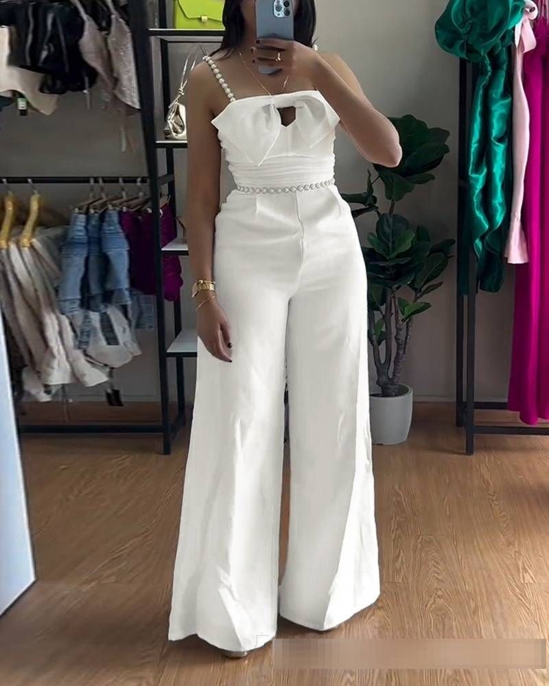 Women's Clothing White Jumpsuit With Bow Design Chest Beads Straps Fitted Waist Wide Legs American Style Polyester_ecoleips.com