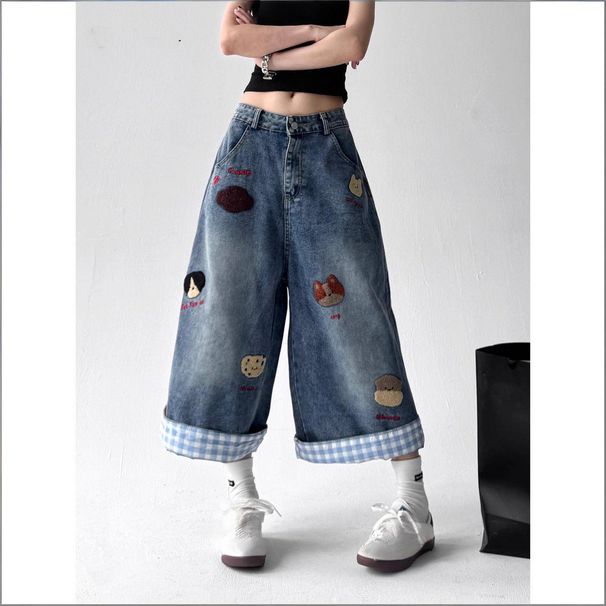 Women's Clothing Women's Distressed Puppy Embroidered Denim Shorts Retro Wide Leg Capri Pants Loose Fit For Spring And Autumn_ecoleips.com