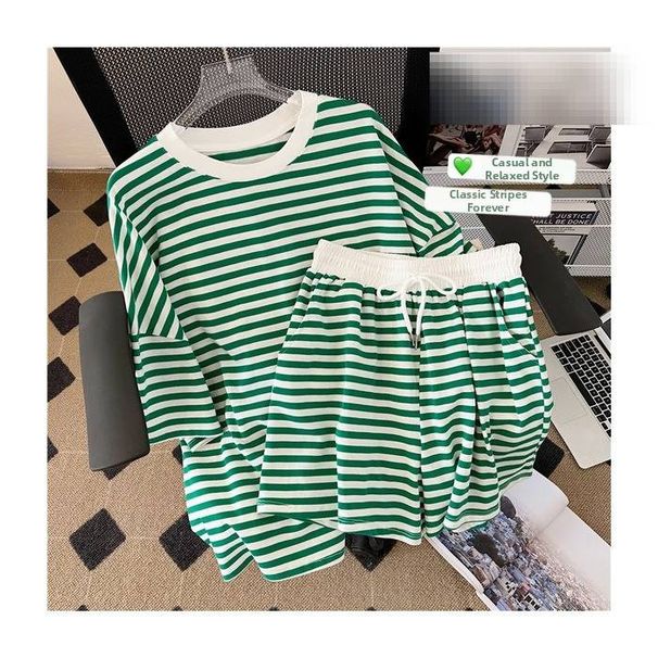 Women's Clothing Women's Summer Striped Sports Suit 2 Piece Set Loose Fitting Short Sleeved T Shirt And Shorts Casual Outfit Up To 200 Kg_ecoleips.com
