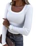 New Thread Groove Strip Slim Fit Long Sleeved Sexy U-neck Casual Women's T-shirt_ecoleips.com