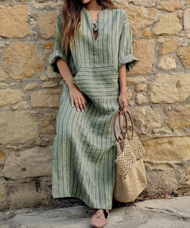 Women's Clothing Women's Style Cotton Linen Yarn Dyed Striped Loose Fit Pocket Dress Long Sleeve For Formal & Casual For Women_ecoleips.com