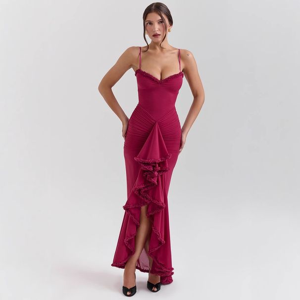 Summer Floral Lace Trim Slip Dress High-Low Hem Long Dress with Adjustable Straps for Women Sexy Style_ecoleips.com