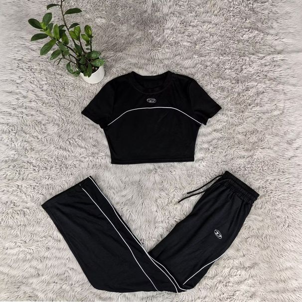Fashionable Short-Sleeved Top With Unique Design, High-Waisted Wide-Leg Brand Logo Pants, Casual Sporty Slimming Suit_ecoleips.com