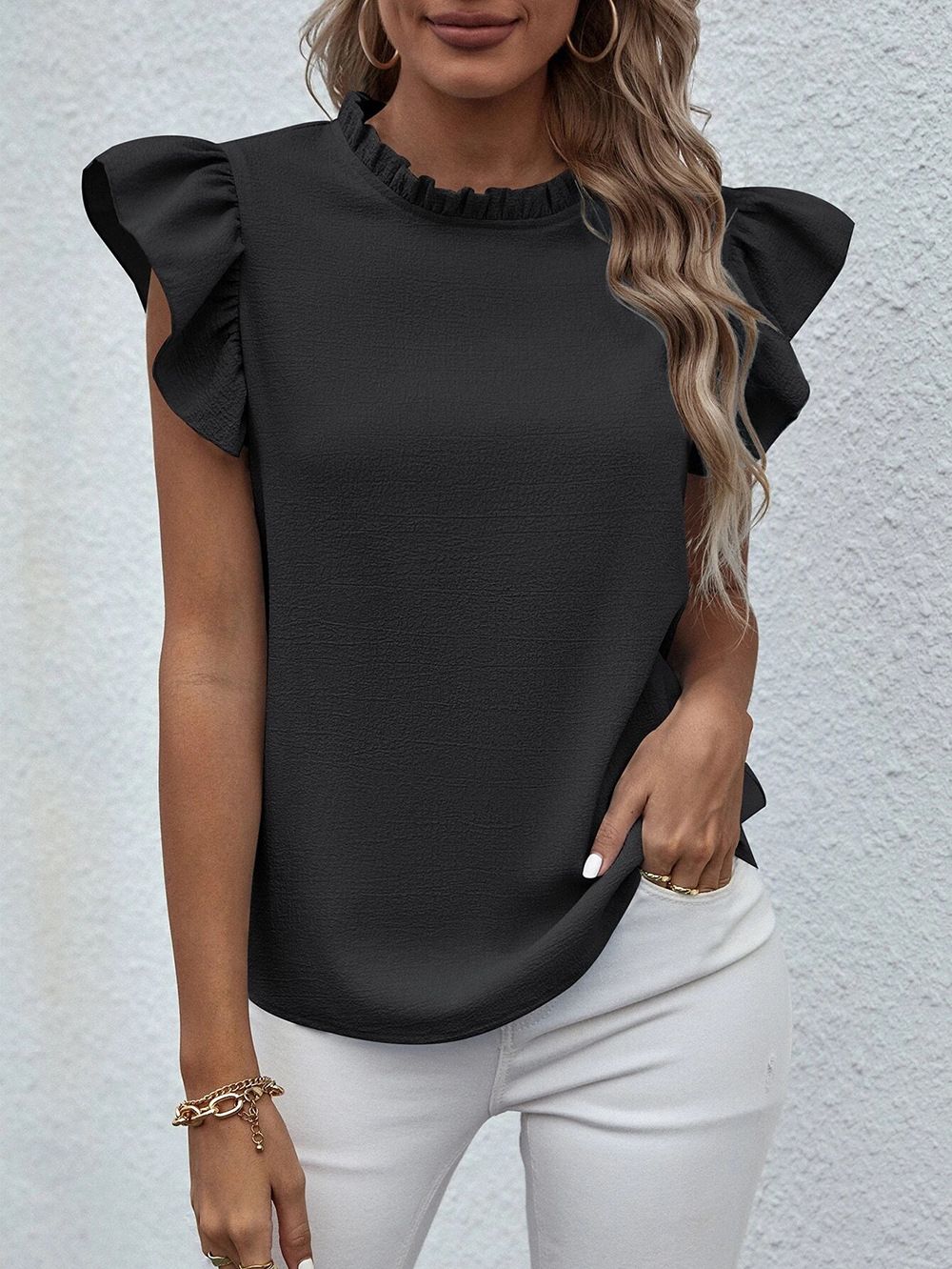 2025 Spring And Summer New Casual Ruffled Vest Sweet Round Neck Women's Shirt_ecoleips.com