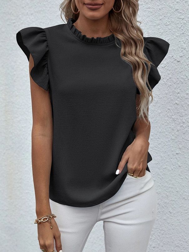 2025 Spring And Summer New Casual Ruffled Vest Sweet Round Neck Women's Shirt_ecoleips.com