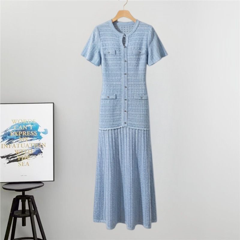 Women's Clothing Summer Knitted Dress Round Neck Short Sleeve Slimming Shimmering Hollow Out Elegant Casual England Style_ecoleips.com