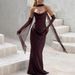 Women's Strapless Bodycon Evening Dress Stretch Polyester Formal Gown with Detachable Scarf Maroon Black White Sizes XS to L_ecoleips.com