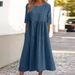 Spring Summer New Women's Casual Loose Long Dress 2023 round Neck 5 Sleeve plus Size Solid Color Cotton Cross Border Trade_ecoleips.com