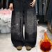 Plus Size Vintage Distressed Rhinestone Jeans For Women – Oversized Wide-Leg High-Waisted Denim Pants With Embellishments (Streetwear Style)_ecoleips.com