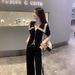 Women's Black Casual Sports Suit Summer Loose Wide Leg Pants Two Piece Set Reducing Age Internet Celebrity Street Style Short Sleeved_ecoleips.com