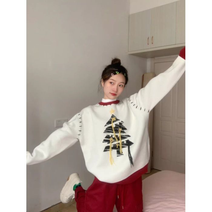 girl Special Offer Sheep Wool # Design Sense Niche Color-Block Tassel Christmas Sweater For Women Autumn Winter Lazy Style_ecoleips.com