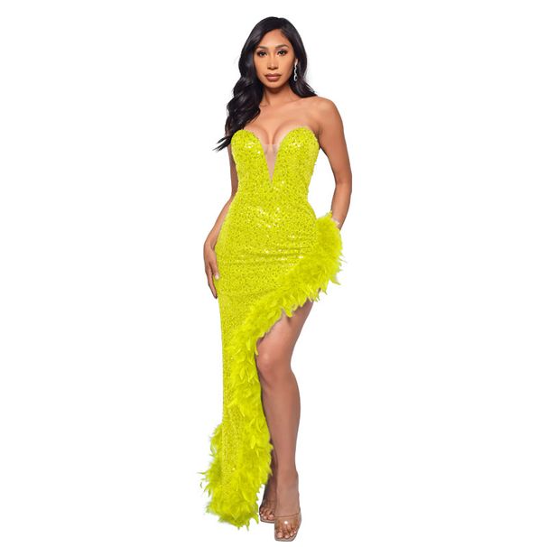 Women's Clothing Long Style High End Tube Top Backless Sequin Dress Feather Stitching Dress_ecoleips.com