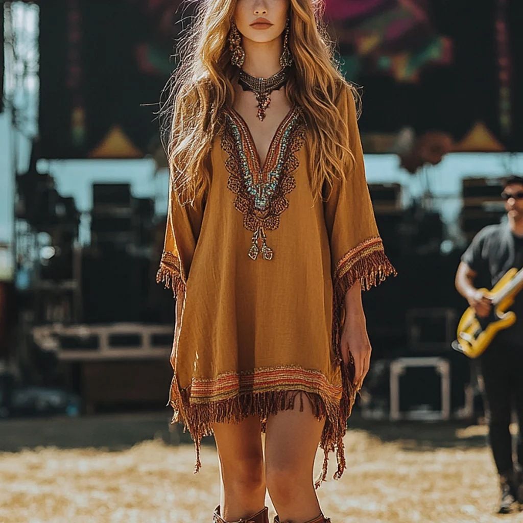 Women's Clothing Bohemian Fringe Festival Dress – Vintage 70s Style With Tribal Print & Flowy Silhouette (S-XXL)_ecoleips.com