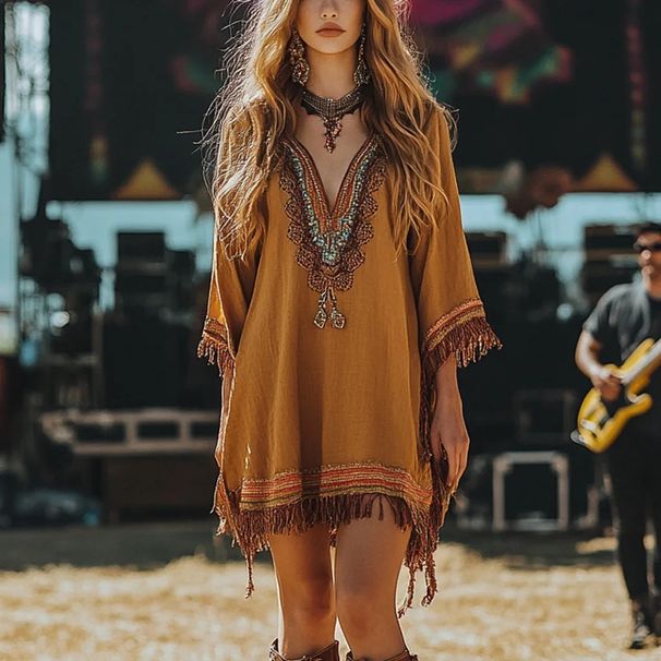 Women's Clothing Bohemian Fringe Festival Dress – Vintage 70s Style With Tribal Print & Flowy Silhouette (S-XXL)_ecoleips.com