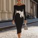 Women's Clothing Long Sleeve V Neck Solid Color Bow Tie Dress Bodycon Maxi Skirt_ecoleips.com