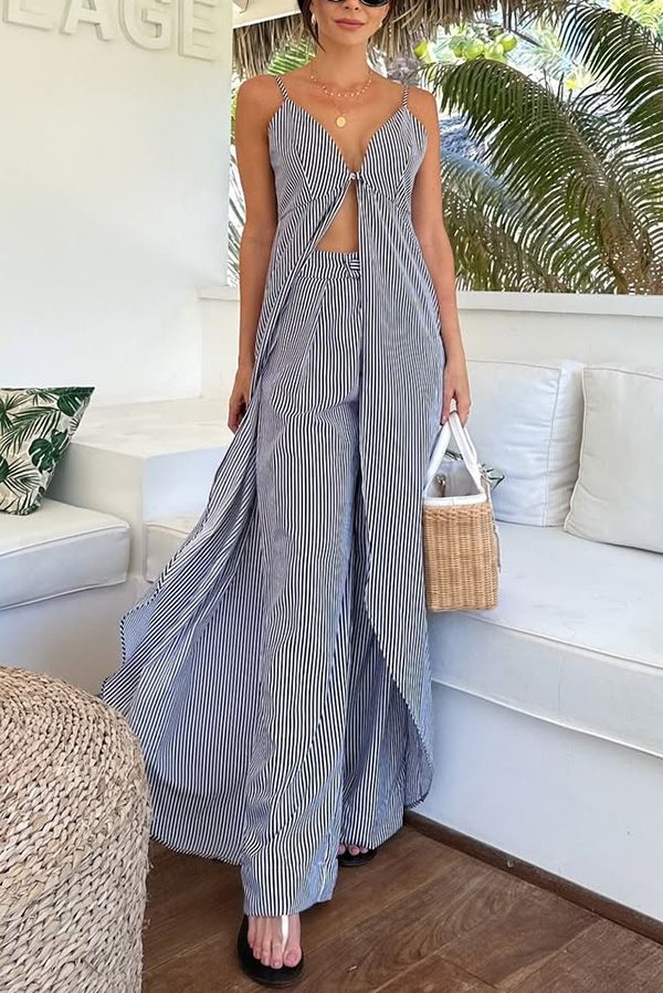 Women's Clothing New Fashion Sleeveless Striped Suspender Top With Striped Trousers Two Piece Suit_ecoleips.com