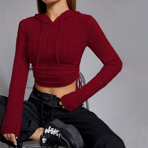 Voya Women's Instagram Trendy Versatile T-shirt Autumn And Winter Slim Fit Wine Red Short Hooded Top_ecoleips.com