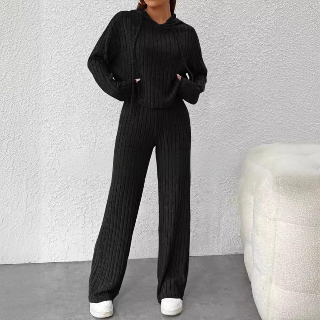Women's Clothing Autumn And Winter New Casual Knitted Striped Brushed Hooded Sweatshirt Loose Long Sleeved Trousers_ecoleips.com